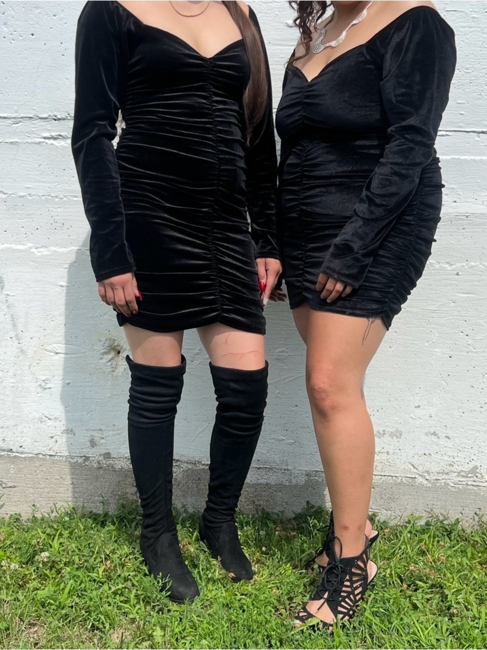 Black Ruched Velvet Long-Sleeve Dress